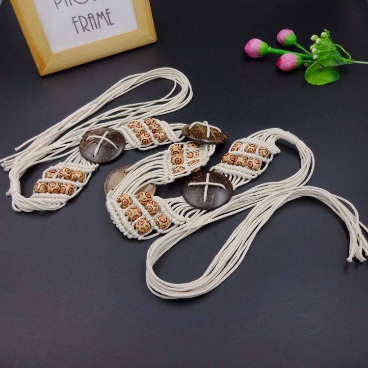 Bohemian Wax Woven Women Belt Ethnic Style Coconut Shell Tassel Rope Waist Chain_voghion.com