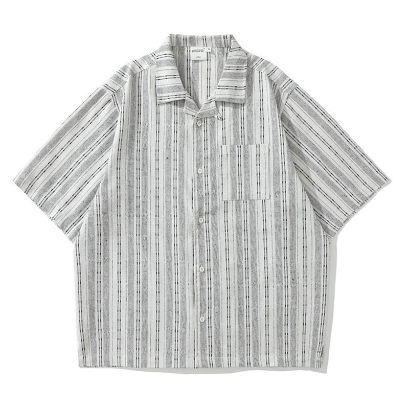 Men's Clothing Retro Linen Striped Workwear Short Sleeved Shirt Men's And Women's Cityboy Silhouette Half Sleeved Cuban Collar Shirt Trend_voghion.com