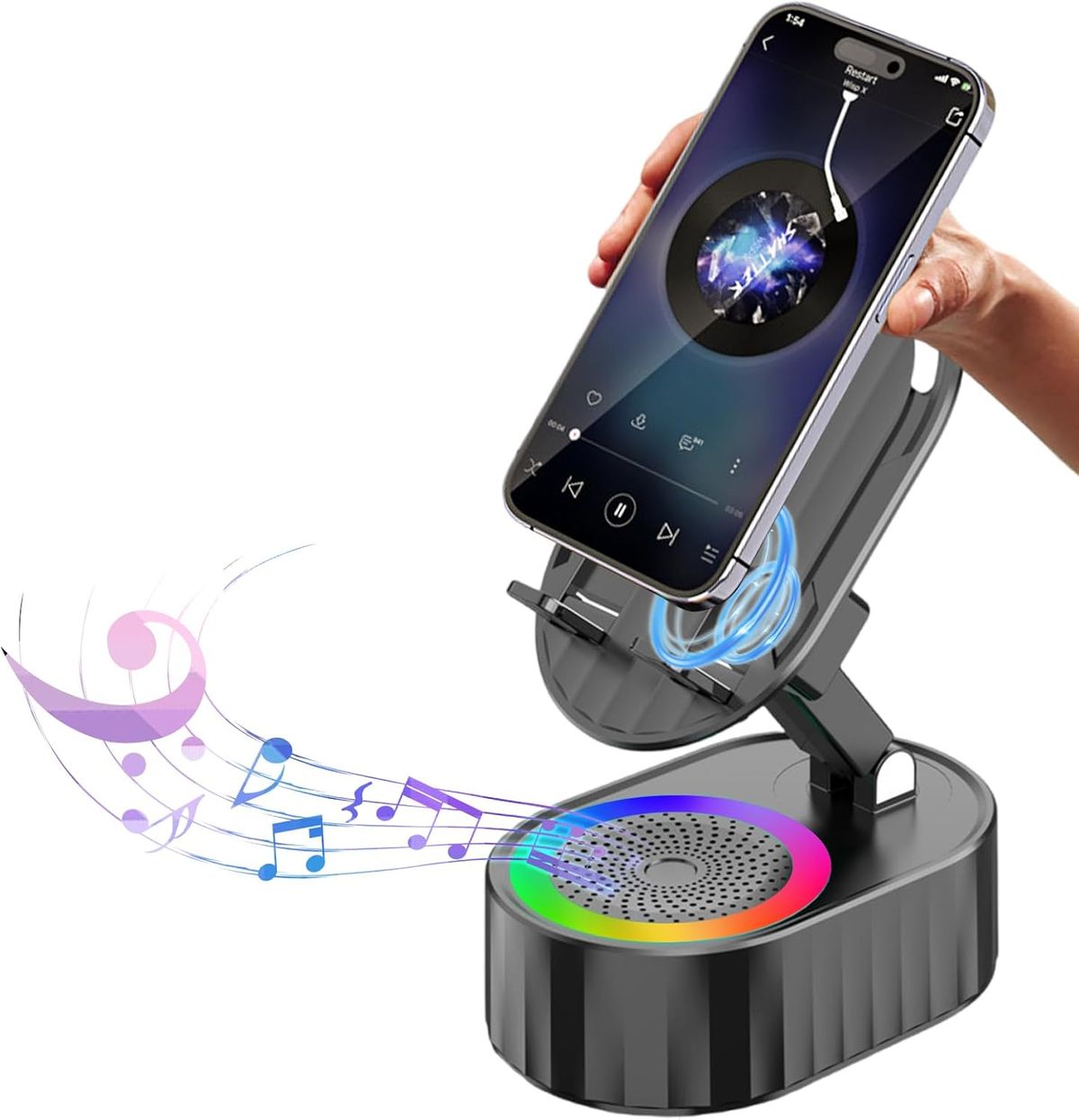 Wireless Induction Audio Bluetooth Speaker 5in1 Phone Holder Emergency Rechargeable (3000mAh) With Colorful Ambient Light 300° Foldable_voghion.com