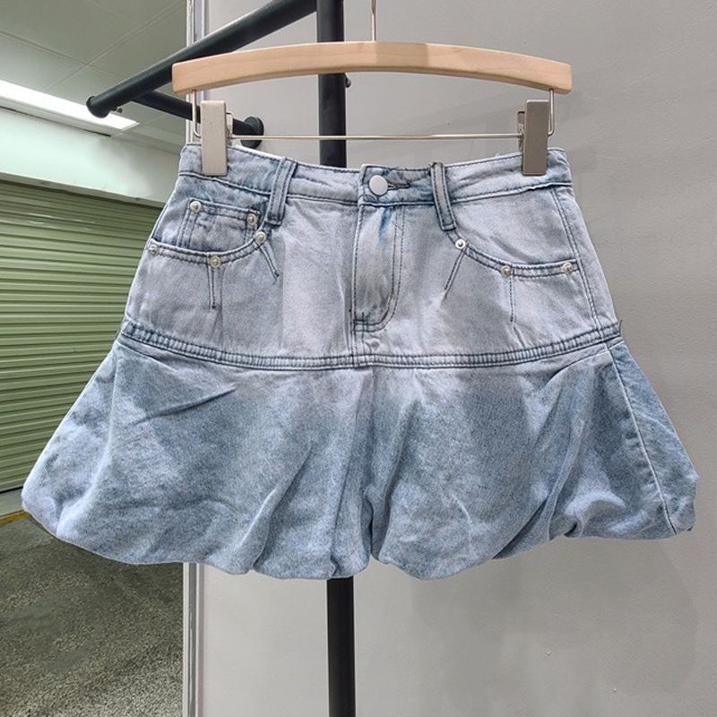 Gonna a pieghe per donna, estate, nuovo stile, sfumato rosa, vita alta, sottile, linea ad A, gonna corta in denim anti-esposizione_voghion.com