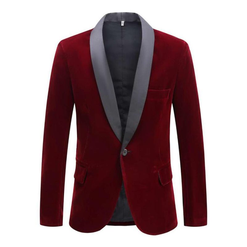Men's wine red velvet shawl lapel, singer performance suit jacket, groom host dress_voghion.com