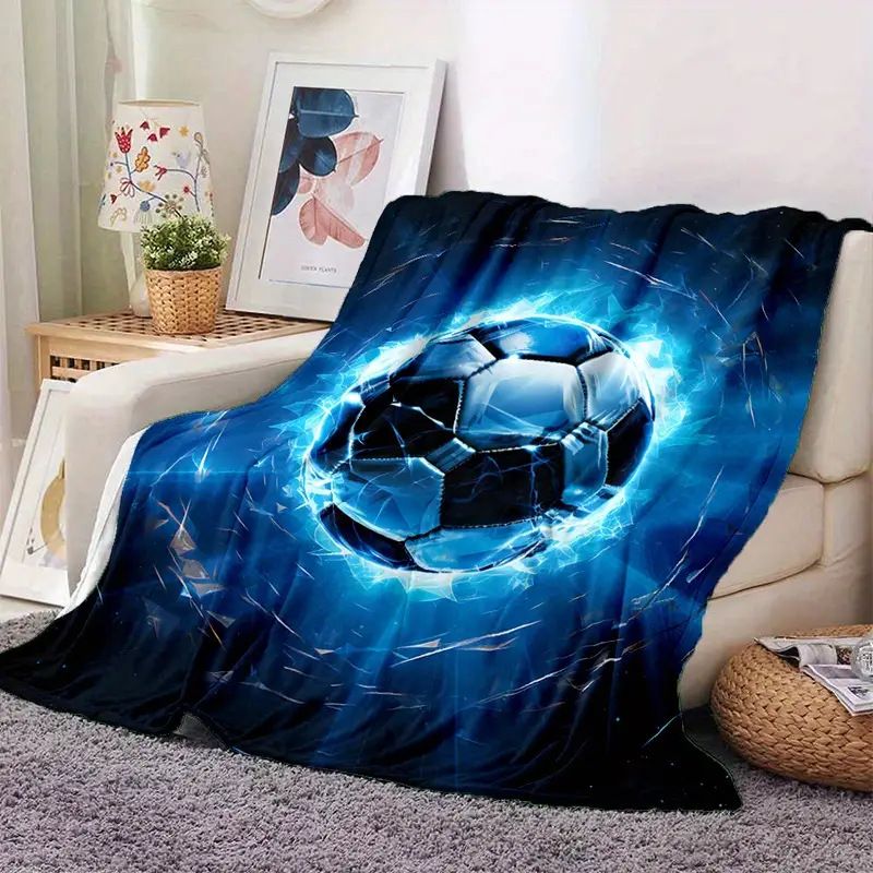 New Blue Lightning Football Print Flannel Blanket Lightweight Cover Blanket Suitable For Sofa Bed Office_voghion.com
