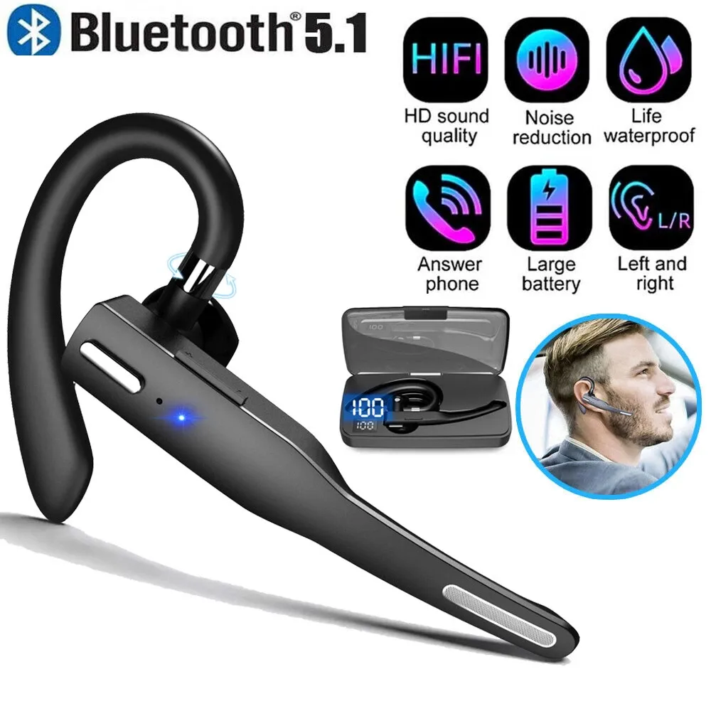 Bluetooth 5.1 Headset Trucker Wireless Earpiece Earbud Dual Mic Noise Cancelling_voghion.com