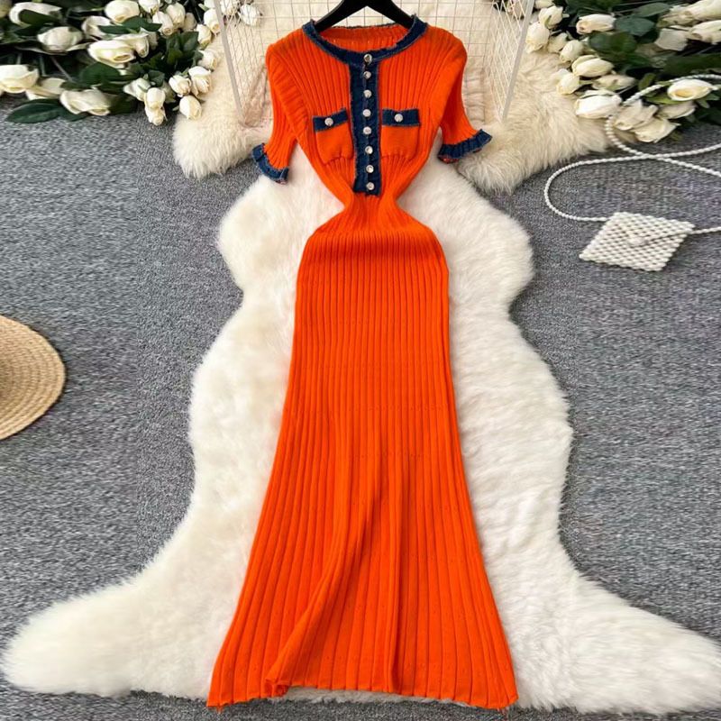 Rochie de damă cu mânecă scurtă și imprimeu floral, talie înaltă, stil Denim Patchwork, rochie tricotată, guler rotund, talie înaltă, fustă lungă, talie subțire_voghion.com
