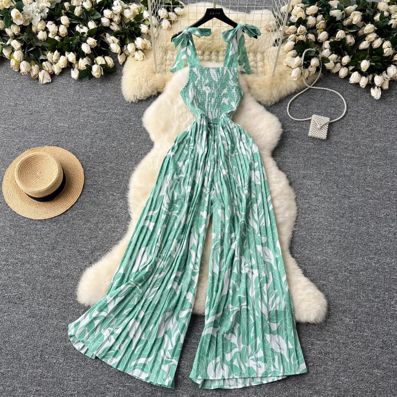 Zomervakantie-jumpsuit voor dames met elastische plooien, tailleband, bloemenbretels, wijde pijpen en lange broek_voghion.com