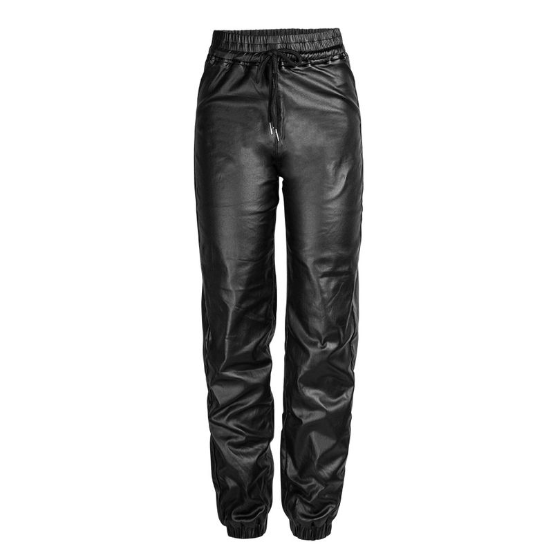 Abbigliamento da donna autunno e inverno pantaloni larghi a vita alta elastici in similpelle pantaloni da donna elastici con foro in metallo pantaloni a nove punti_voghion.com