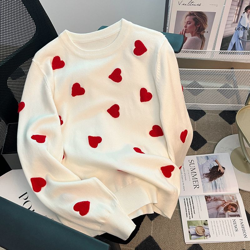 Pull à manches longues col rond brodé amour multiple pour femme tenue de femme pulls_voghion.com