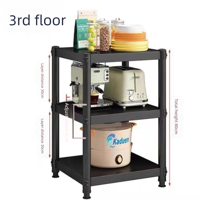 Mutfak Zemin Tipi Karbon Çelik Çok Katmanlı Gap Mikrodalga Fırın Ev Depolama Rafı Siyah Kalınlaştırılmış_voghion.com