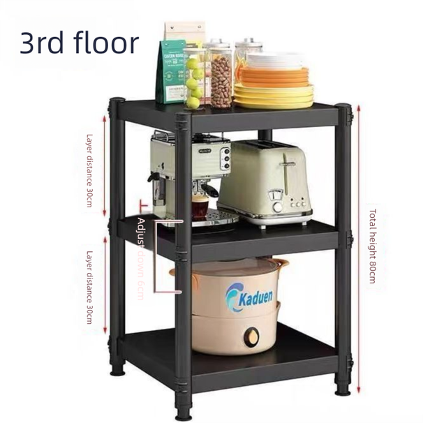 Mutfak Zemin Tipi Karbon Çelik Çok Katmanlı Gap Mikrodalga Fırın Ev Depolama Rafı Siyah Kalınlaştırılmış_voghion.com