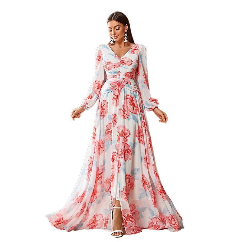 Vestido largo de gasa floral con escote en V y mangas farol: vestido de noche de talle alto y corte A para vacaciones en la playa o citas nocturnas._voghion.com