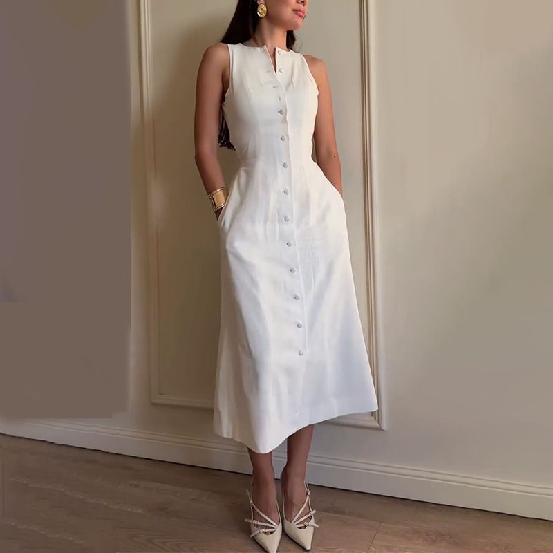 Ärmelloses A-Linien-Kleid für Damen mit Knopfleiste vorne, hohe Taille, Sommer, lässig, elegant, Wickelkleid, Polyester-Stretch, bequem​_voghion.com