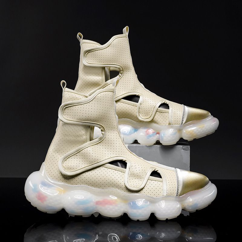 Men's Shoes Air Cushion Men's Summer Fashion Popcorn Sandals Breathable Hollow Leather Shoe Cover High Top Soft Sole Roman Sandals_voghion.com