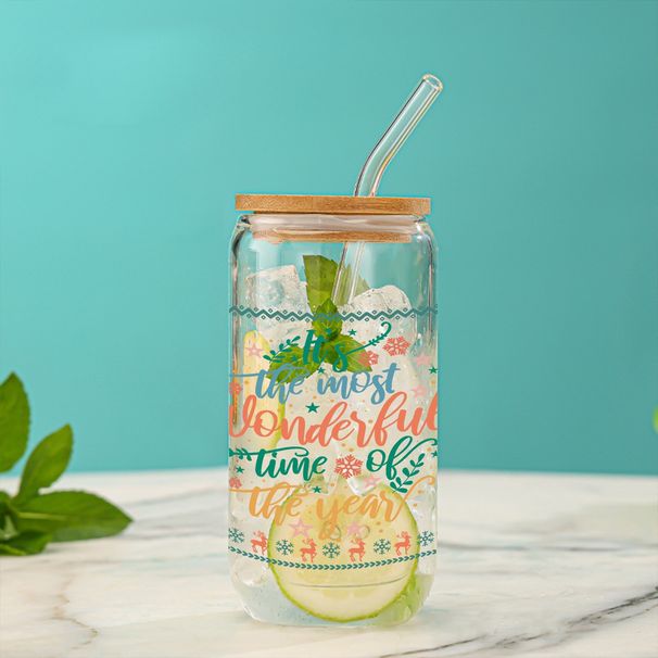 Nowoczesny, minimalistyczny świąteczny kubek z bambusową pokrywką i słomką – 16-uncjowy, ekologiczny zestaw do napojów, idealny na prezent_voghion.com