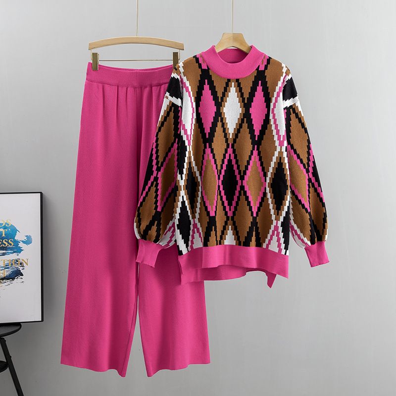 Lockerer Rautenpullover für Damen, zweiteiliger Anzug, gestrickte Hose mit weitem Bein_voghion.com