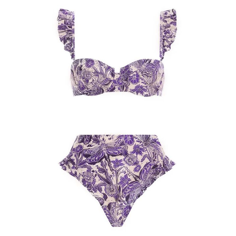 Novo estilo feminino cintura cordão oco roxo libélula impressão maiô de uma peça e saia envoltório terno estilo quente_voghion.com