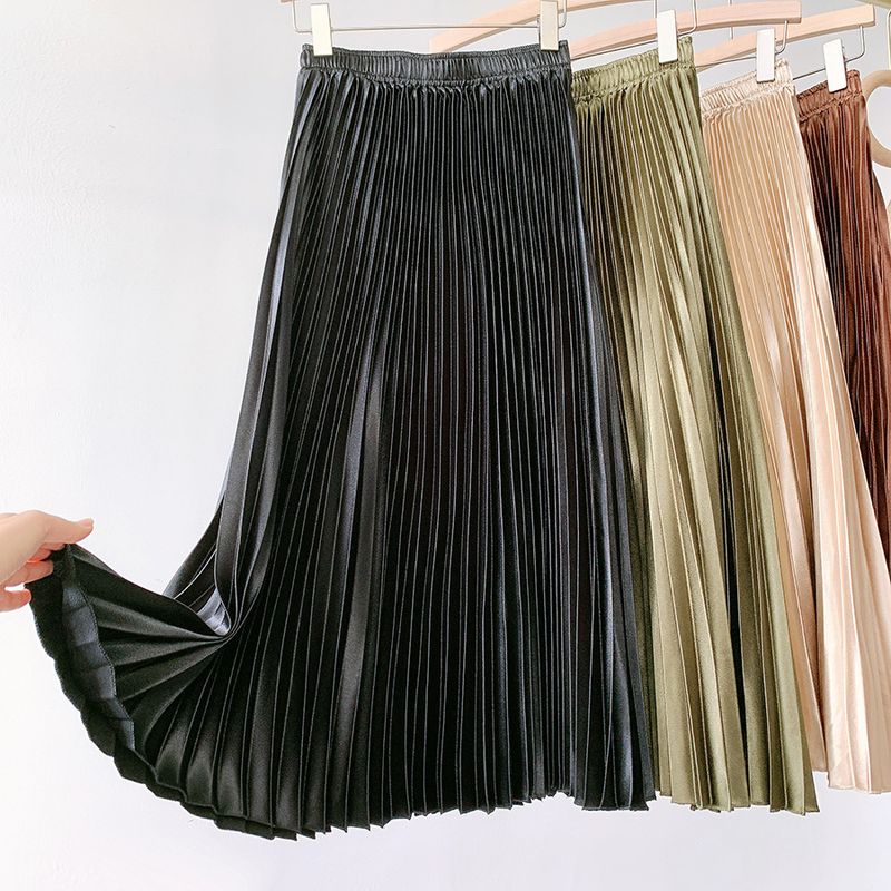 Damenbekleidung Faltenrock mit hoher Taille aus Satin und Metallic für Frühjahr und Sommer, Retro-Rock für Damen, mittellang und lang, schmal, A-Linie_voghion.com