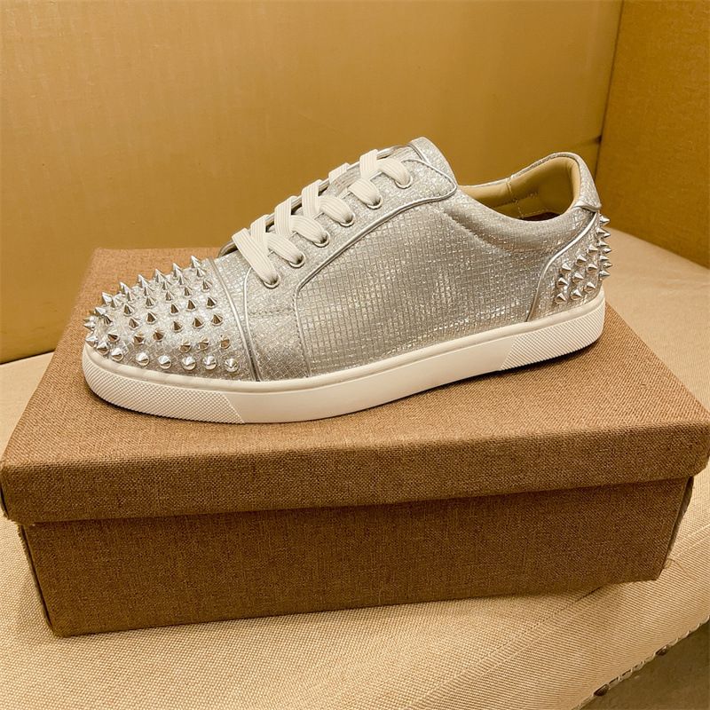 European station cl red-soled shoes low-top glitter rivets silver sequin lace-up genuine leather casual couple trendy white shoes_voghion.com