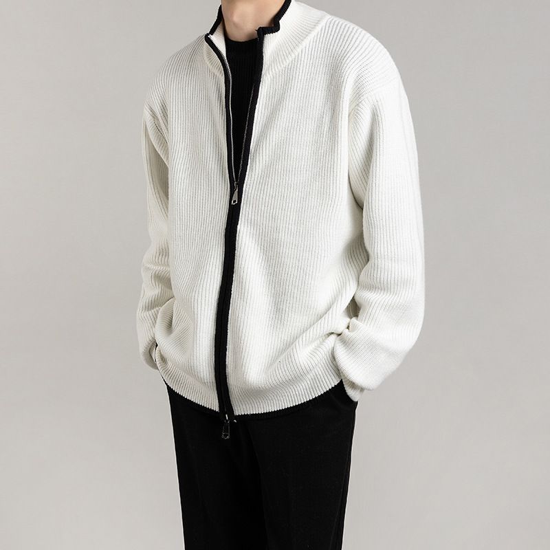 New cardigan sweater jacket for men, spring and autumn contrasting color design, light and mature style, men's zipper knit sweater, lazy top_voghion.com