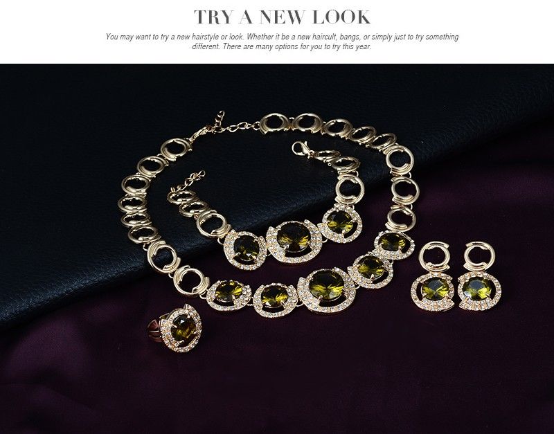  Gold Color Crystal Green Red Zircon Pendant necklace earrings Ring women Wedding bridal jewelry sets_voghion.com