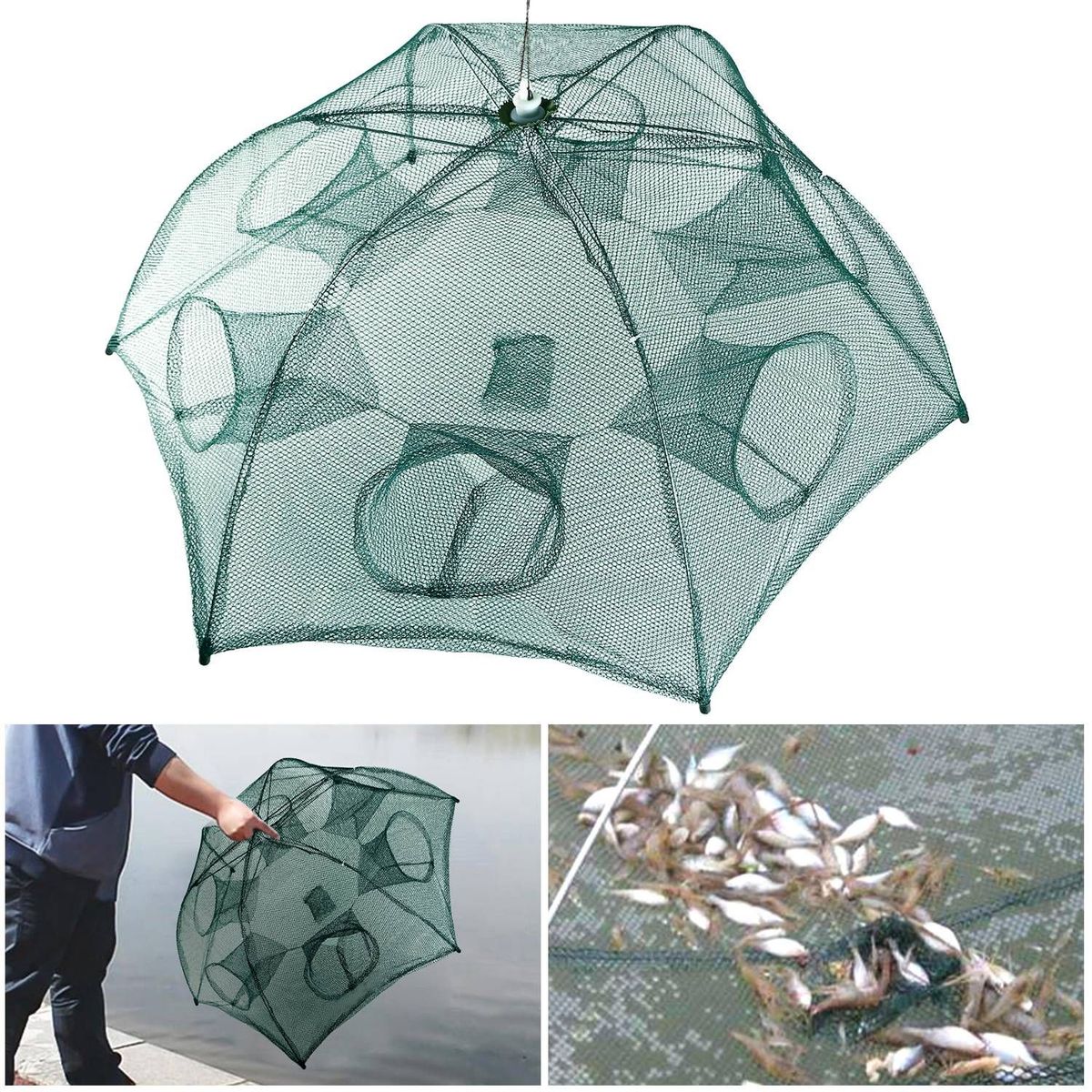 Fishing Trap Net Portable Folded Fishing Bait Trap Shrimp Minnow Crab Bait Net 6 Sides 6 Holes Crayfish Cast Mesh Trap Automatic_voghion.com