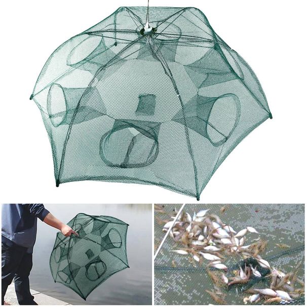 Fishing Trap Net Portable Folded Fishing Bait Trap Shrimp Minnow Crab Bait Net 6 Sides 6 Holes Crayfish Cast Mesh Trap Automatic_voghion.com