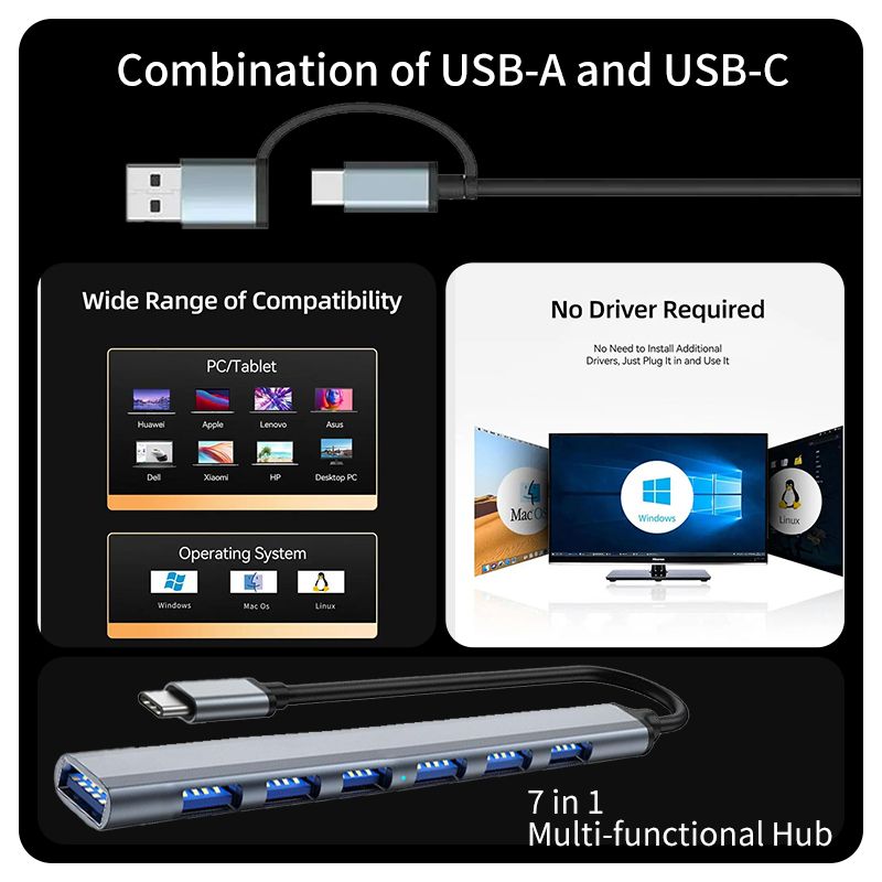 3.0 With 7 Ports Aluminum Alloy USB 2.0 Hub Type C Splitter Extender For Laptop PC Book Surface Pro And MacBook_voghion.com