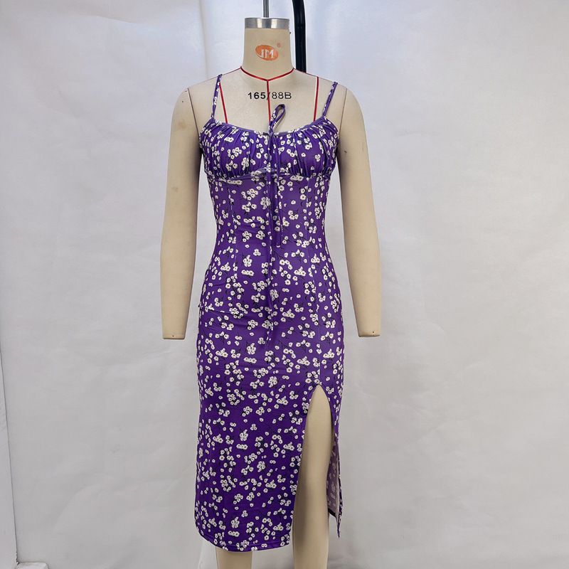 Robe fendue à bretelles et imprimé floral pour femme, collection été 2025_voghion.com
