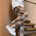 Herrenbekleidung, stilvolle karierte Hose mit weitem Bein, lässige bequeme Passform mit Farbblockdesign, Polyester-Stretchhose für den Alltag (schwarz)_voghion.com