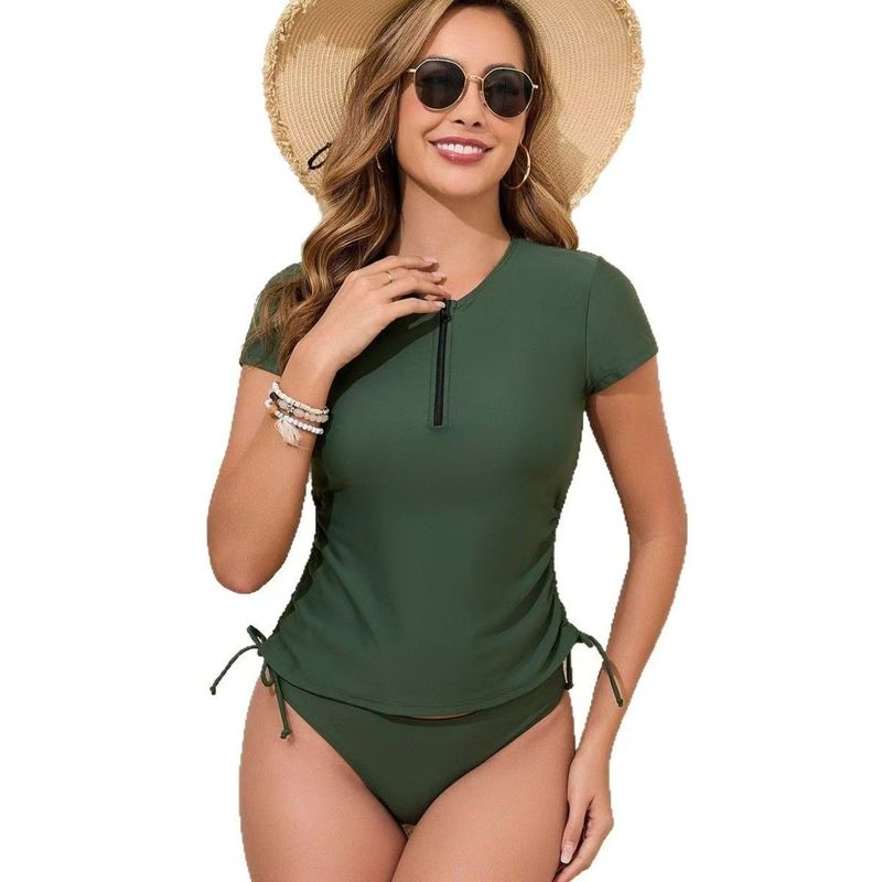 2025 New Women's Solid Color Two-Piece Triangle Briefs Short Sleeve Zipper Drawstring Swimsuit_voghion.com