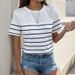 Simple Striped Round Neck Summer Knitted Button Short-sleeved T-shirt_voghion.com