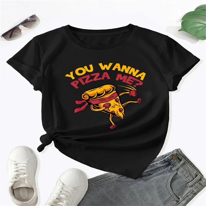 Camiseta estampada con el estampado "You Wanna Pizza Me", cuello redondo, para mujer, ideal como regalo para amantes de la comida y el karate, para verano._voghion.com