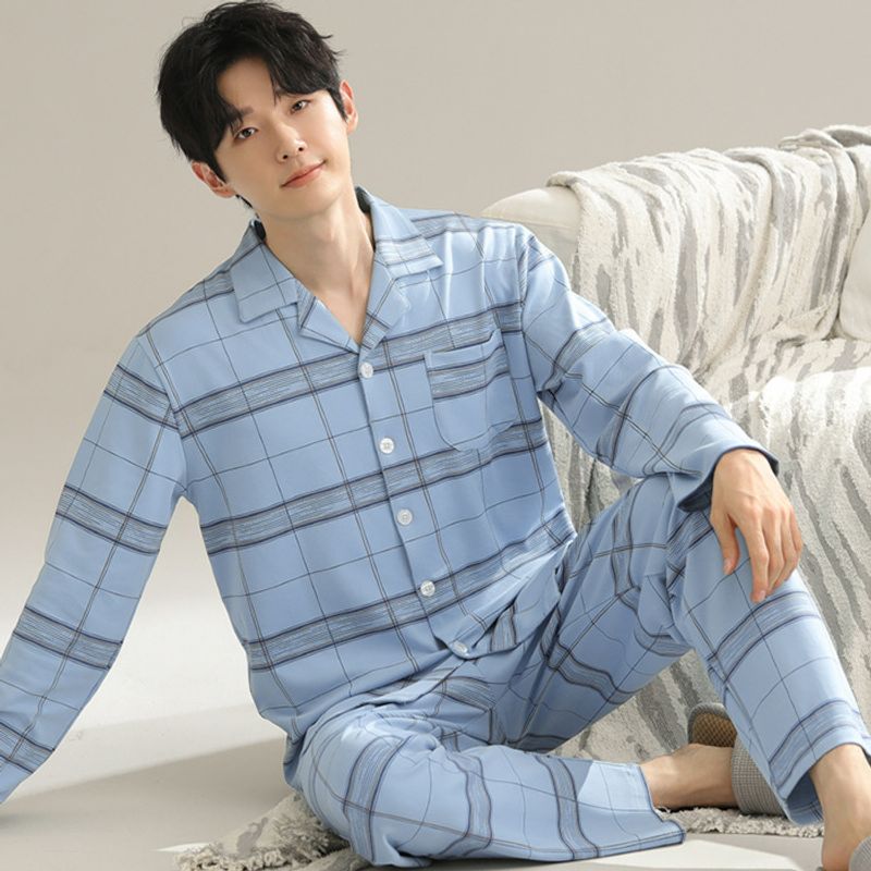 2024 new Korean version simple pull frame   cotton pajamas men's spring and autumn sleeved long pants cardigan_voghion.com