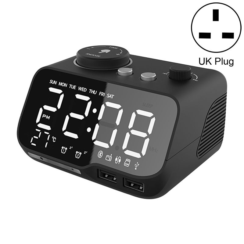 M9 vezeték nélküli Bluetooth hangszóró multifunkciós asztali ébresztőóra TF kártya és U lemez támogatással és AUX UK csatlakozóval (fekete)_voghion.com