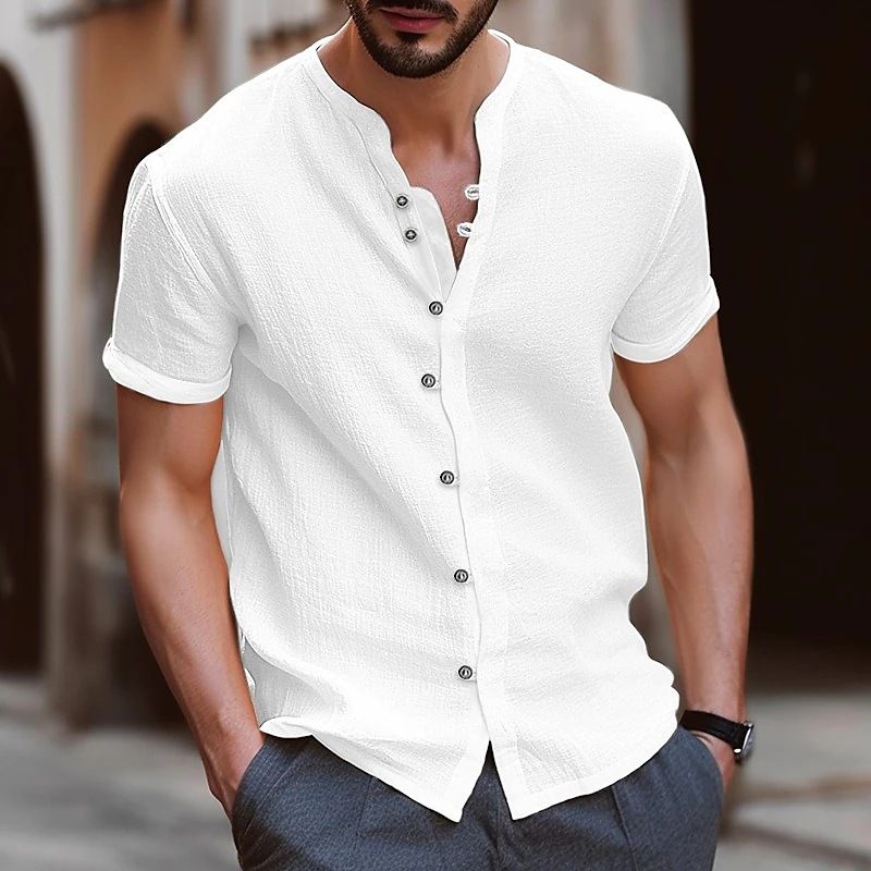 Polo de manga corta sin cuello para hombre, de alta calidad, estilo playero, informal, sin cuello_voghion.com