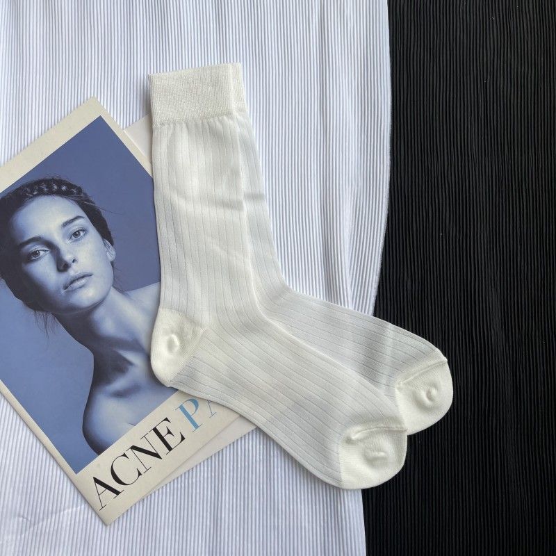 Ultra-thin Shiny Vertical Striped Summer Stockings Versatile Solid Color Long Tube JK Black And White Women's Socks_voghion.com