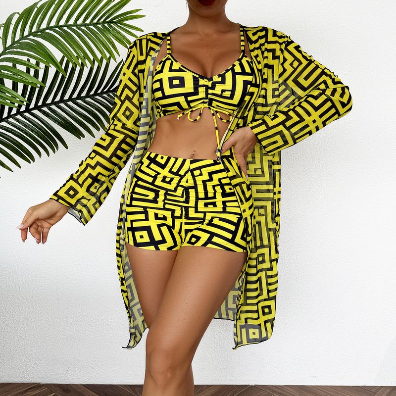 Completo da donna in tre pezzi con pantaloni a gamba piatta stampati e costume da bagno a maniche lunghe_voghion.com