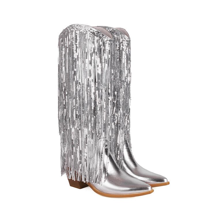 Women's Shoes autumn and winter tassel sequined western boots pointed toe thick heel high heel long tube mirrored patent leather women's boots_voghion.com