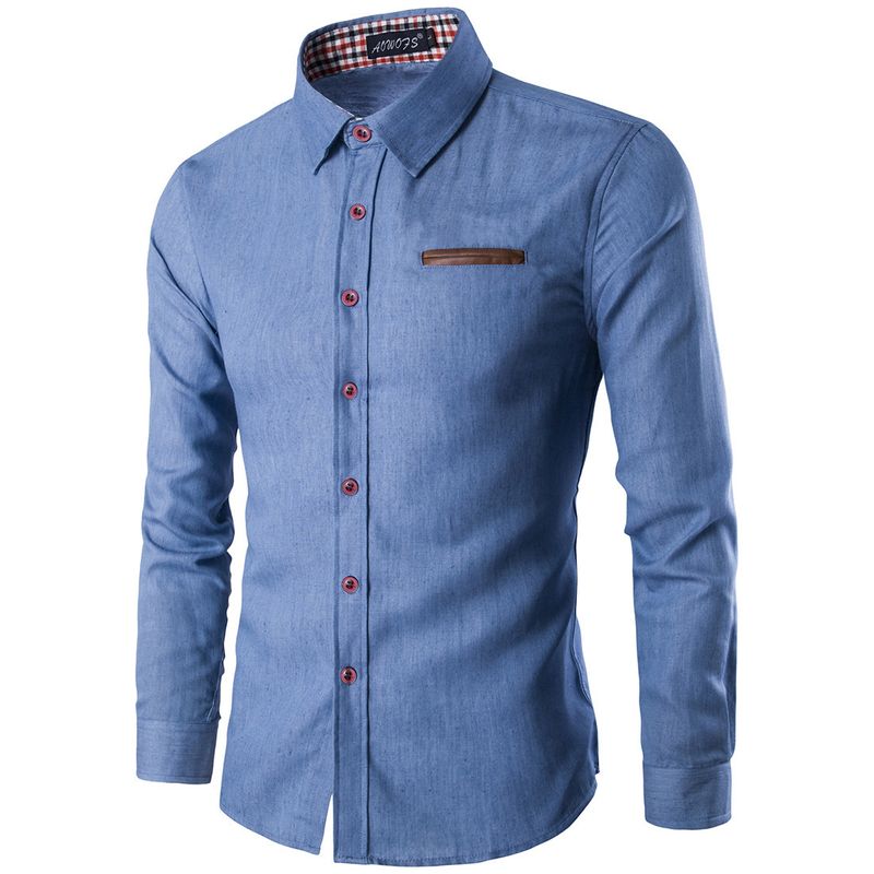 Chemise en denim avec poches en cuir pour hommes, nouveau style décontracté à revers, slim, manches longues, printemps et automne_voghion.com