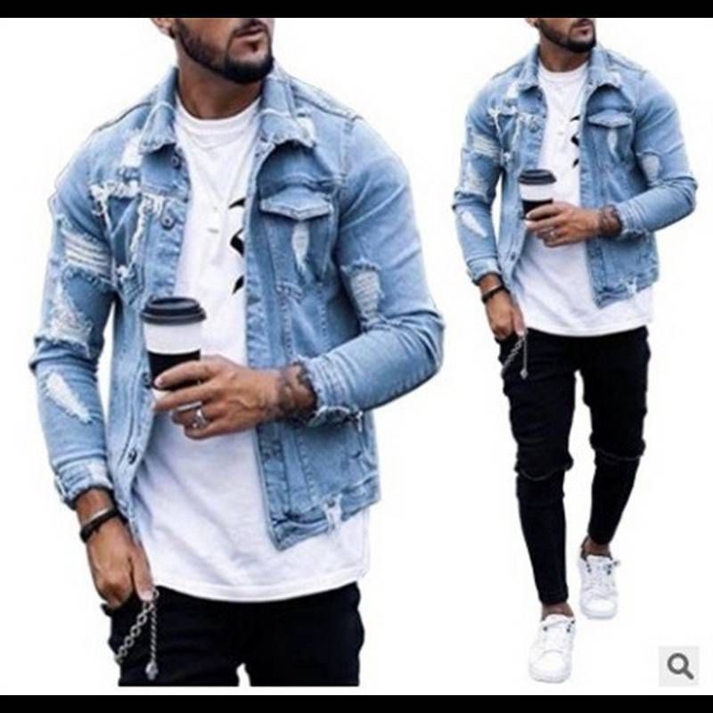 Herrenbekleidung Revers Herren Jeansjacke zerrissen unregelmäßig gewaschene Jacke_voghion.com