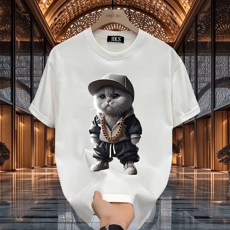 Moška oblačila Poletje Nova majica s kratkimi rokavi Okrogel izrez Ohlapna Velika velikost Nacionalni trend Težka industrija Čeden Modni Casual Polovični rokav_voghion.com