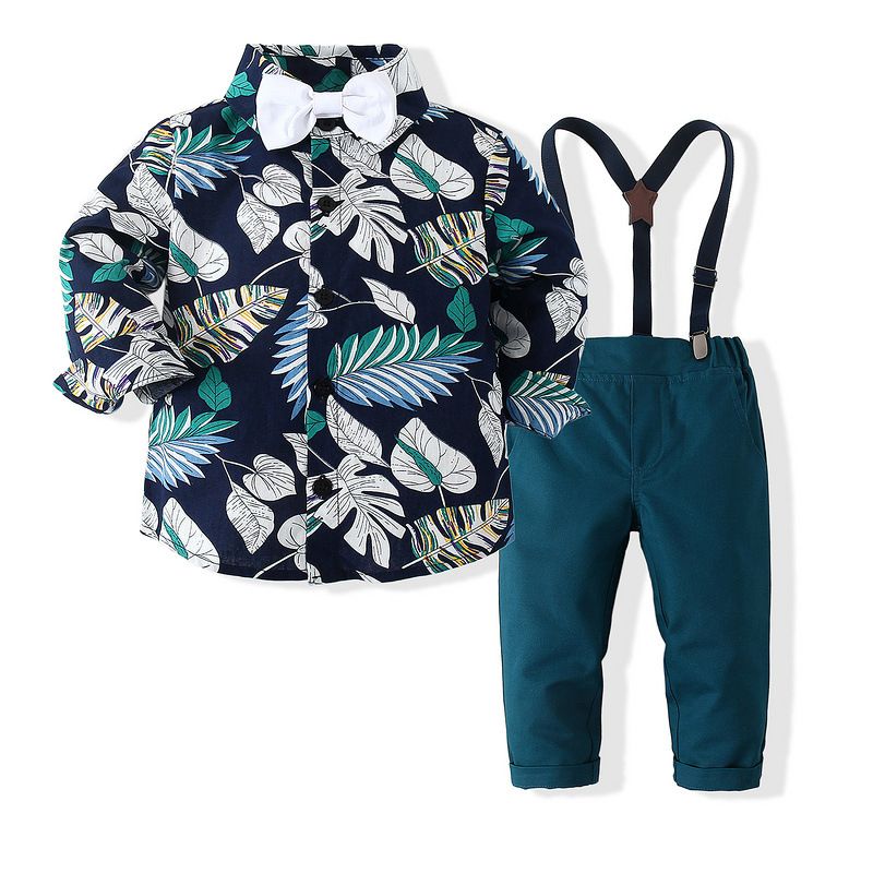 Mother & Kids European and American factory supply 2024 spring new products boys lapel leaf long-sleeved shirt bib pants suit_voghion.com