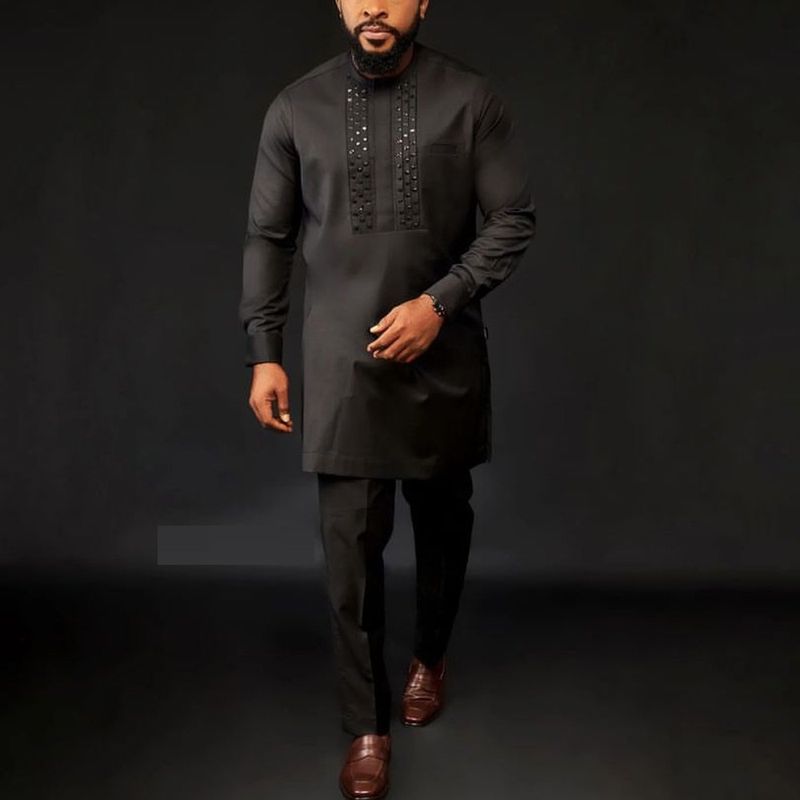 Roupas masculinas estilo étnico cor sólida contas casual terno de 2 peças_voghion.com