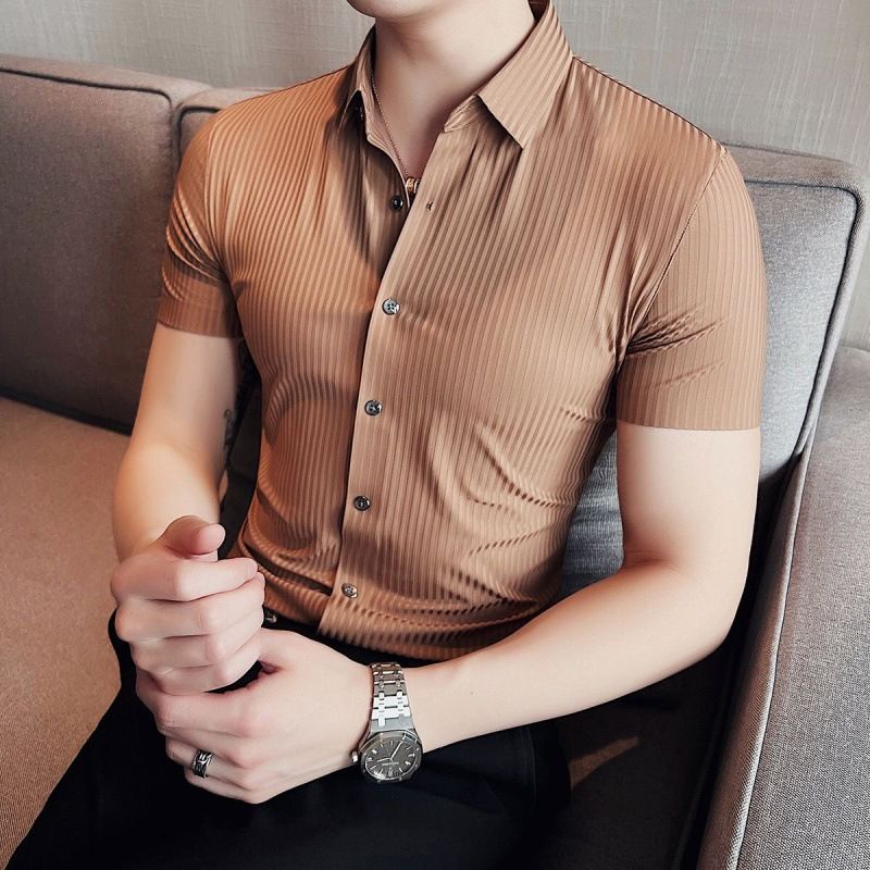 Men's Short Sleeved Striped , Ice Silk 2024 New Elastic Business Men's Clothing, High-end Feeling, Summer Seamless_voghion.com