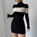 Abito invernale da donna in maglia color block – Vestibilità slim con collo alto (S/M/L/XL, Nero)_voghion.com