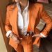 Elegant Striped Blazer & Trousers Set – Long Sleeve Notch Lapel, Wrinkle-Resistant Polyester & PU Blend (Orange, S/M/L/XL, Retro Office Chic)_voghion.com