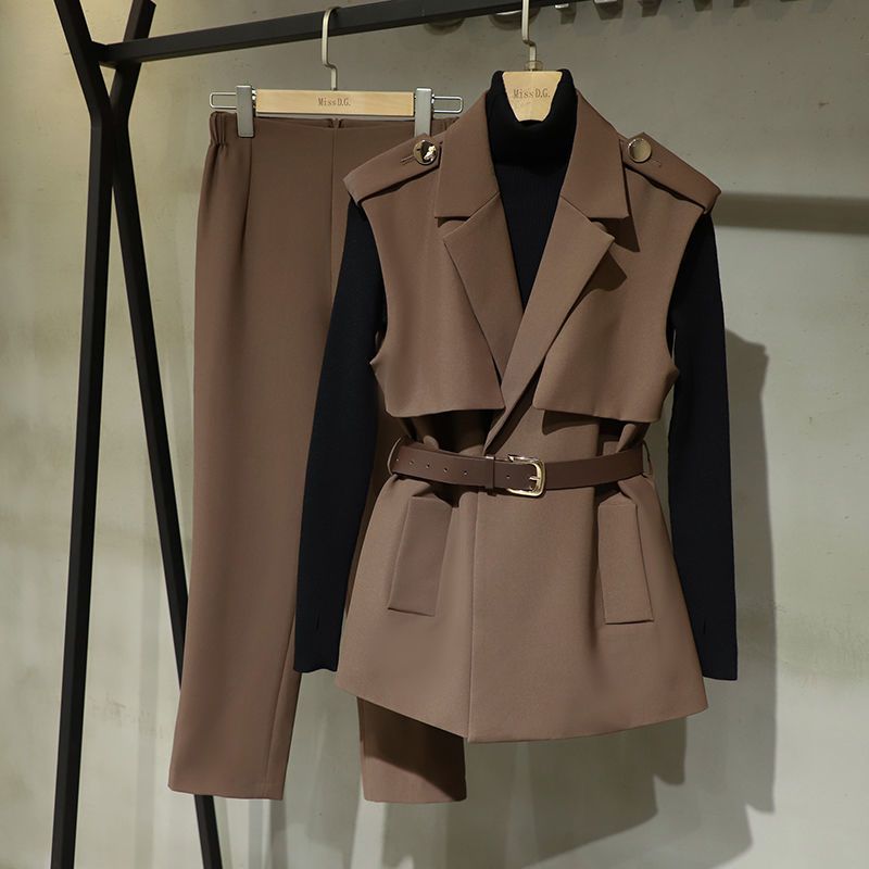 Dameskleding Grote maten Temperamentpakken Vroege herfst Professionele formele kleding Mouwloos pak Kraagjas Driedelig pak_voghion.com