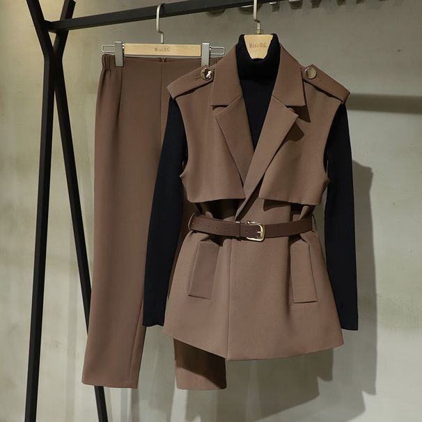 Dameskleding Grote maten Temperamentpakken Vroege herfst Professionele formele kleding Mouwloos pak Kraagjas Driedelig pak_voghion.com