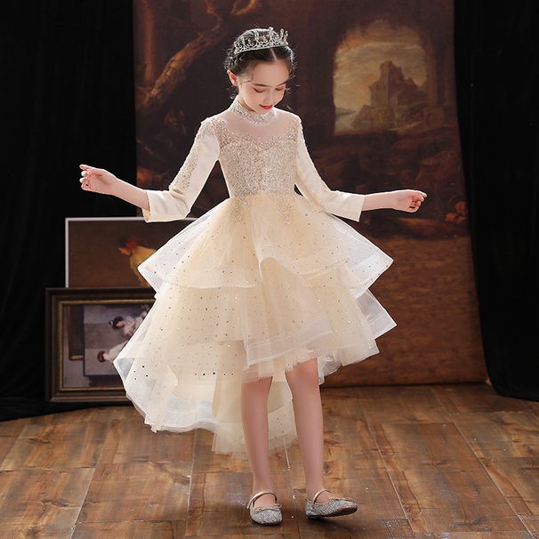 Abito in tulle color champagne per bambina - Abito da principessa gonfio per compleanni e occasioni speciali_voghion.com