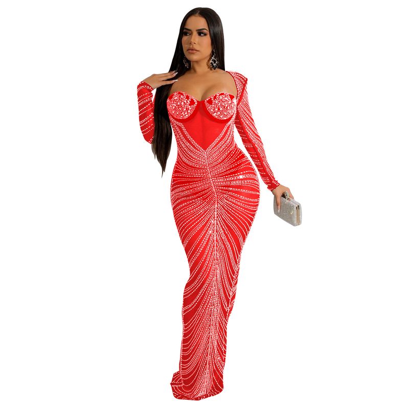 Damkläder Hot Diamond Mesh Genomskinlig Långärmad Lång Kjolklänning_voghion.com