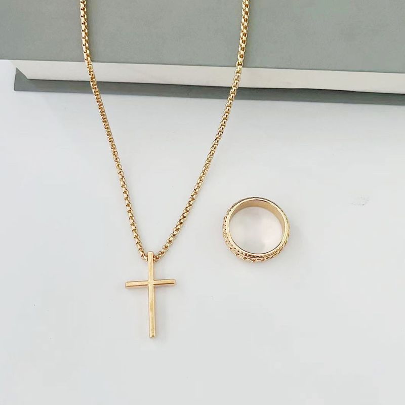 Jewelry men's cross necklace bracelet ring three piece set hip hop personality versatile accessories_voghion.com